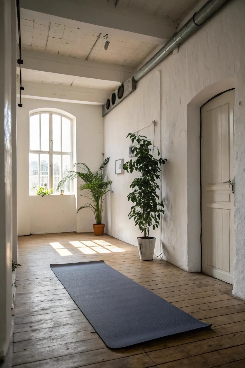 Minimalistic yoga room with a single yoga mat and plant.