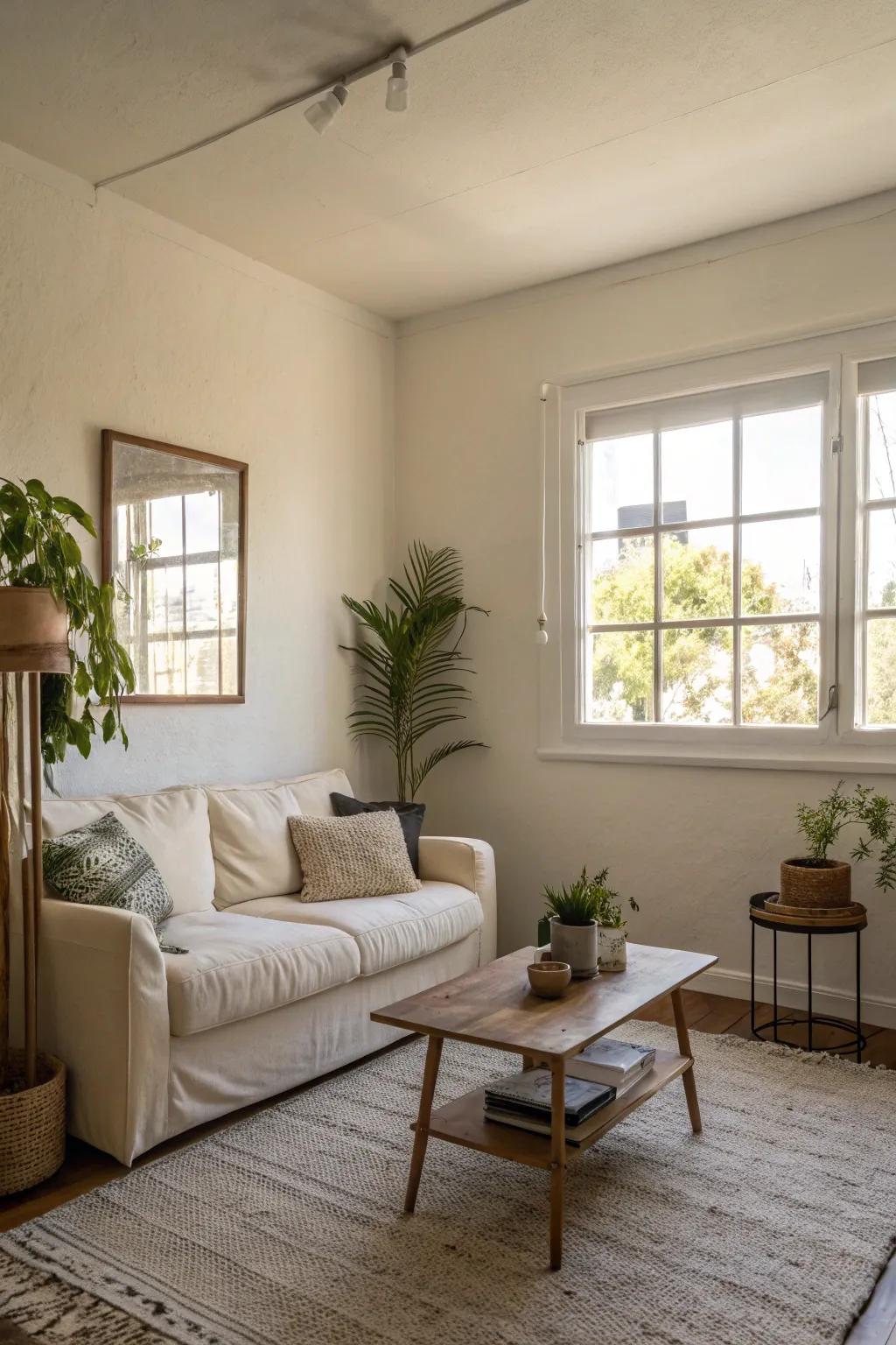A compact living space featuring creamy walls for a roomy feel.