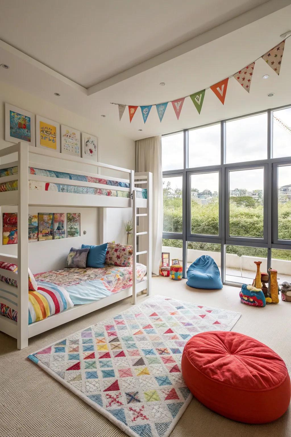 Stacked sleepers liberate ground space, affording amplified area for play within a petite youth quarter.