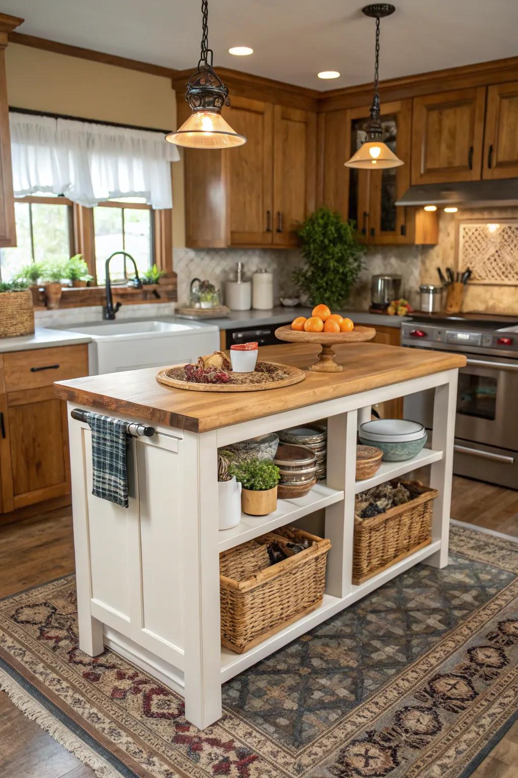 A compact island featuring a chef's block top, ideal for preparation and design.