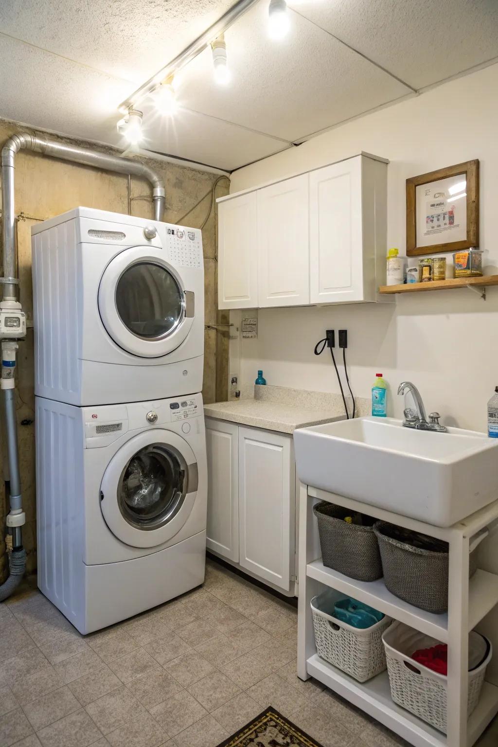 Clever use of verticality in a streamlined laundry area.