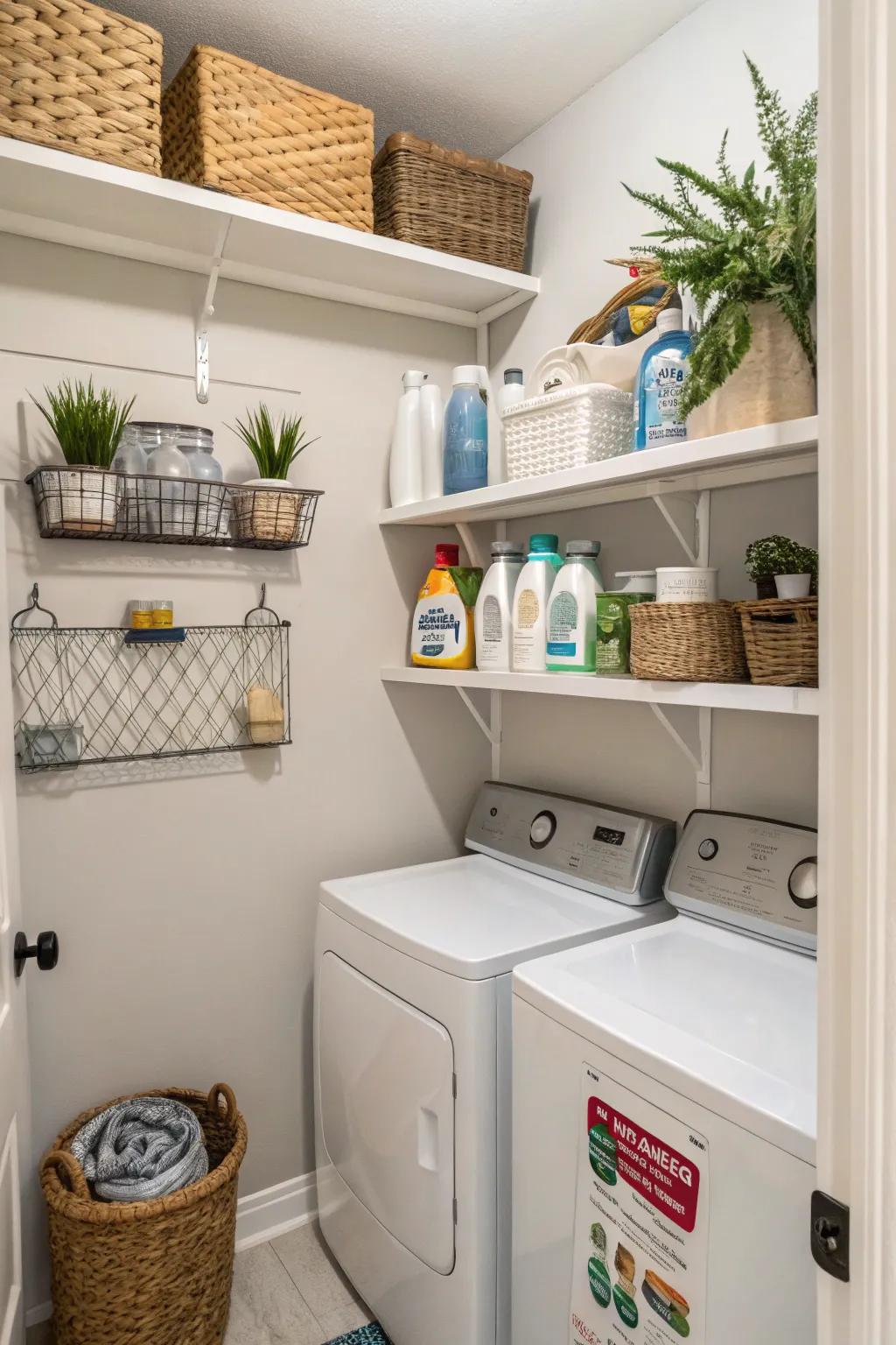Wall-mounted shelves add style and order to a small laundry area.