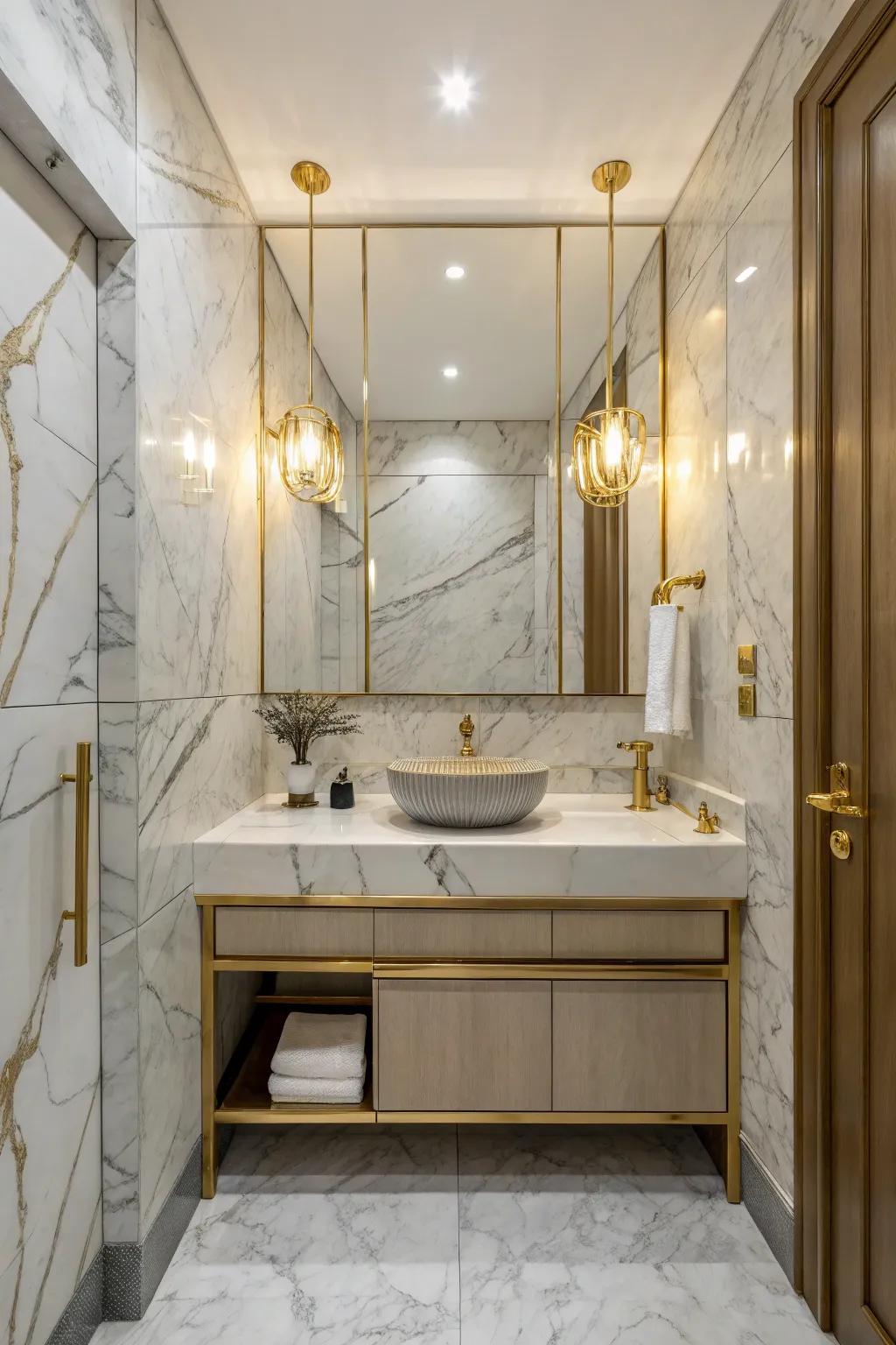 Stone finish transforms a small bathroom into a luxurious retreat.