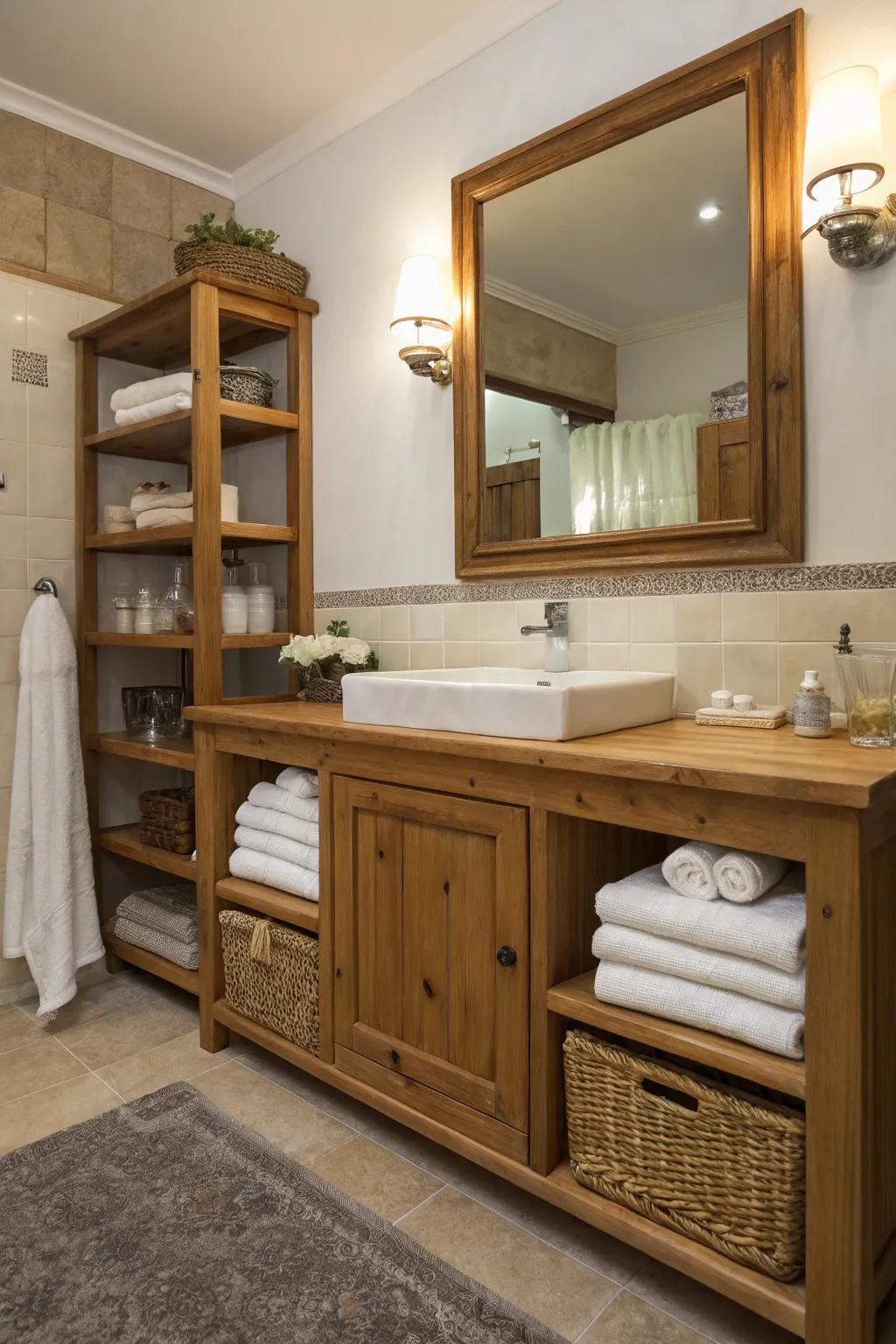 A rustic bathroom enhanced by a timber basin and shelves.