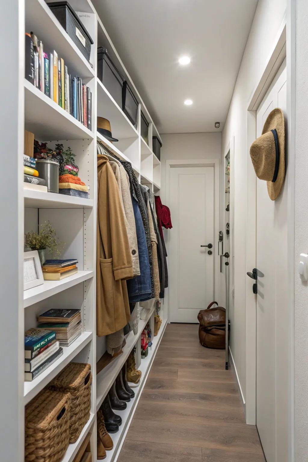 Vertical storage makes sure your slender passageway remains organized and free of clutter.