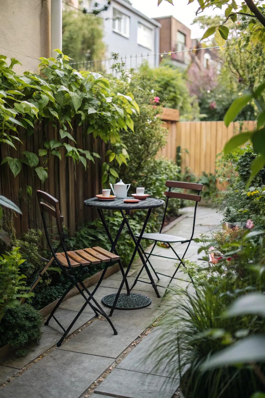 Space-saving folding chairs and a café table grace a compact patio.