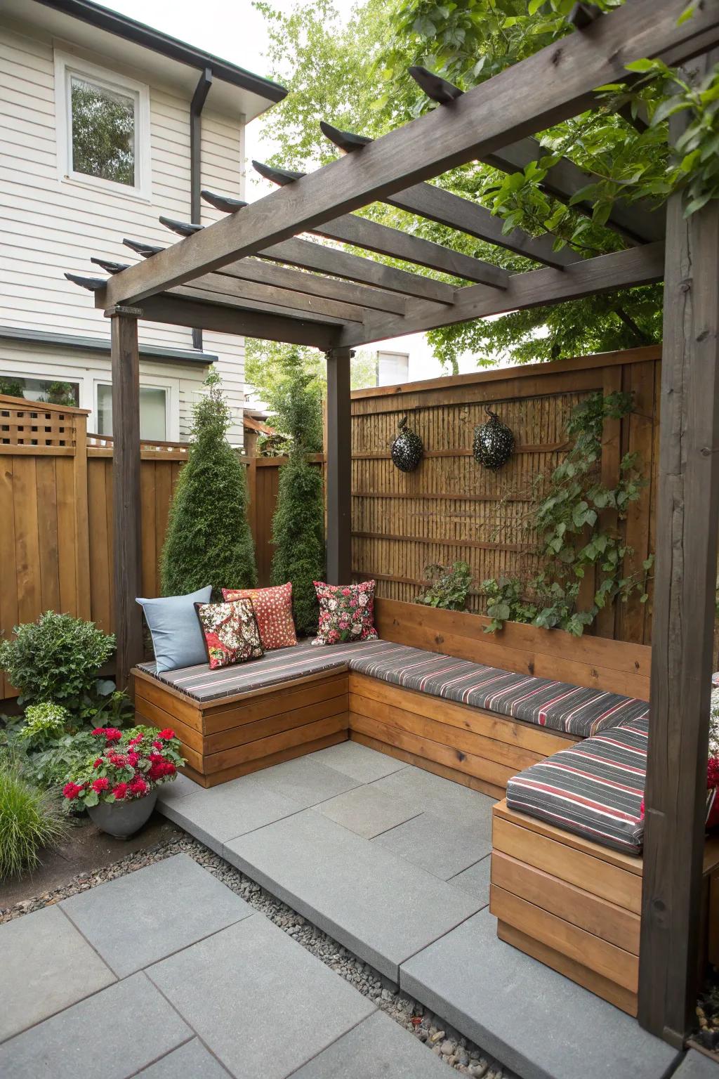 A small-scale canopy featuring attached seating artfully enhances a limited patio area.