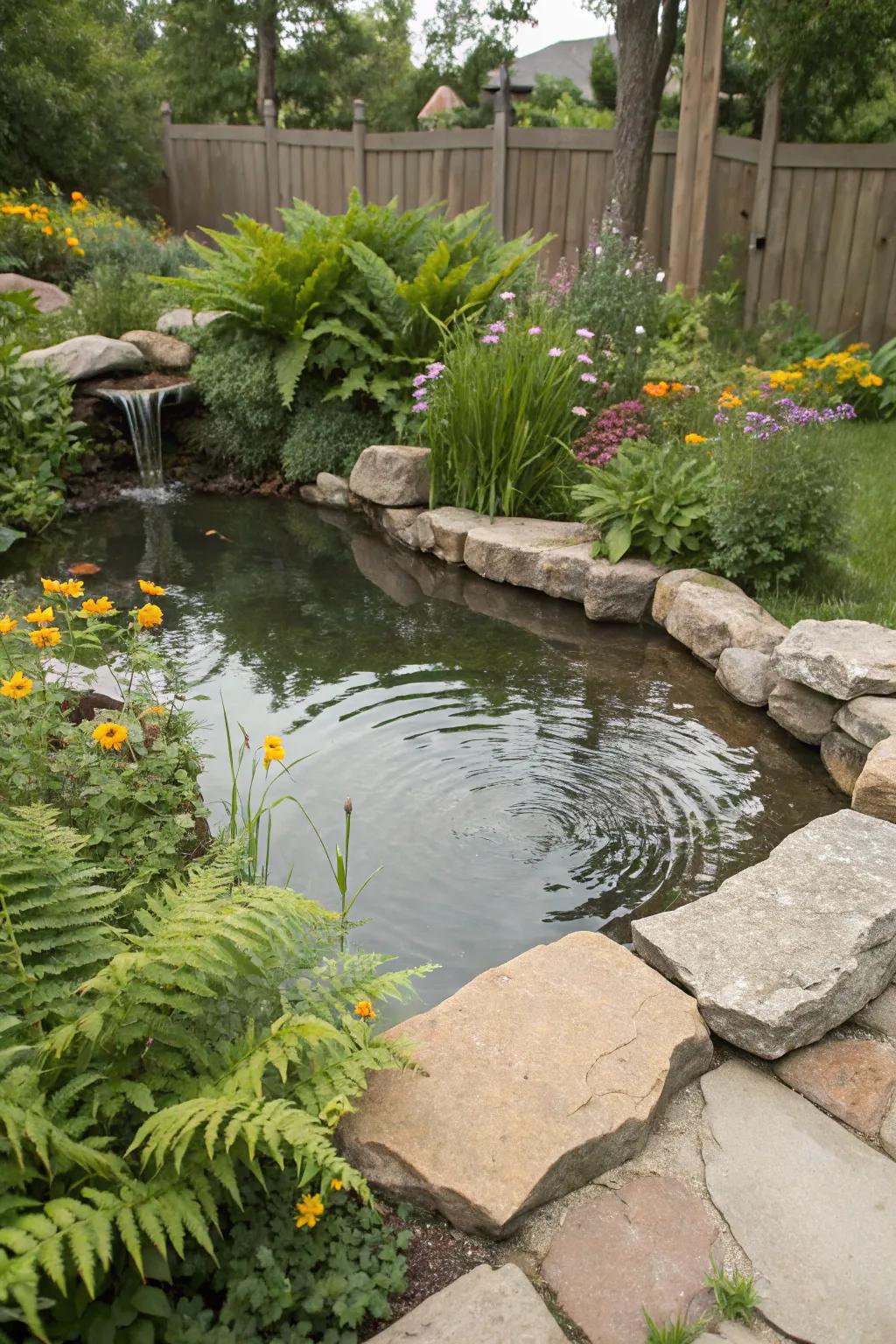 Nature's stones perfectly frame a captivating pond, effortlessly merging with the garden's essence.