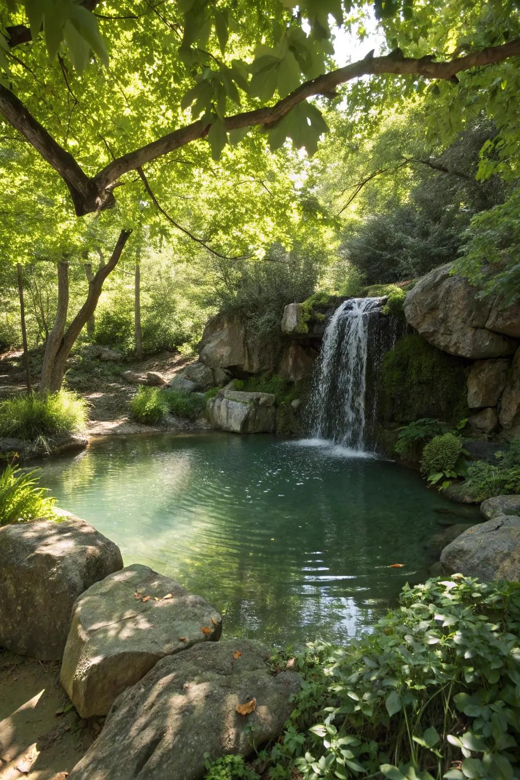 A natural rock waterfall adds a rustic charm to any small pool.