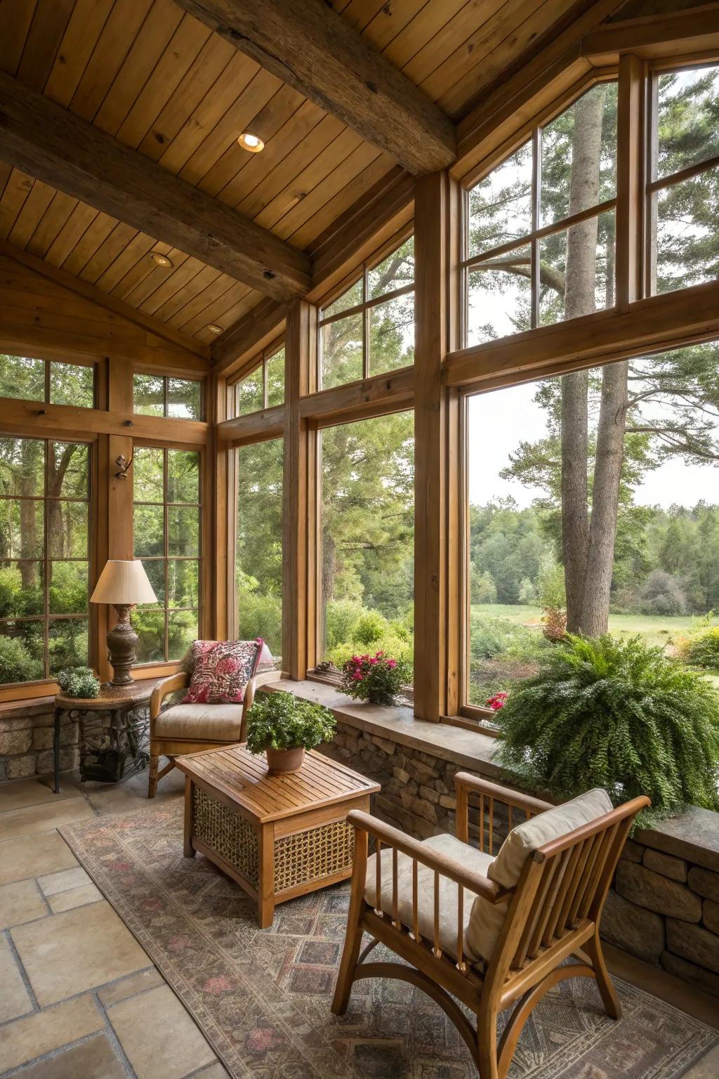 Expansive windows in a country-style solarium offer a direct connection to the outside world.
