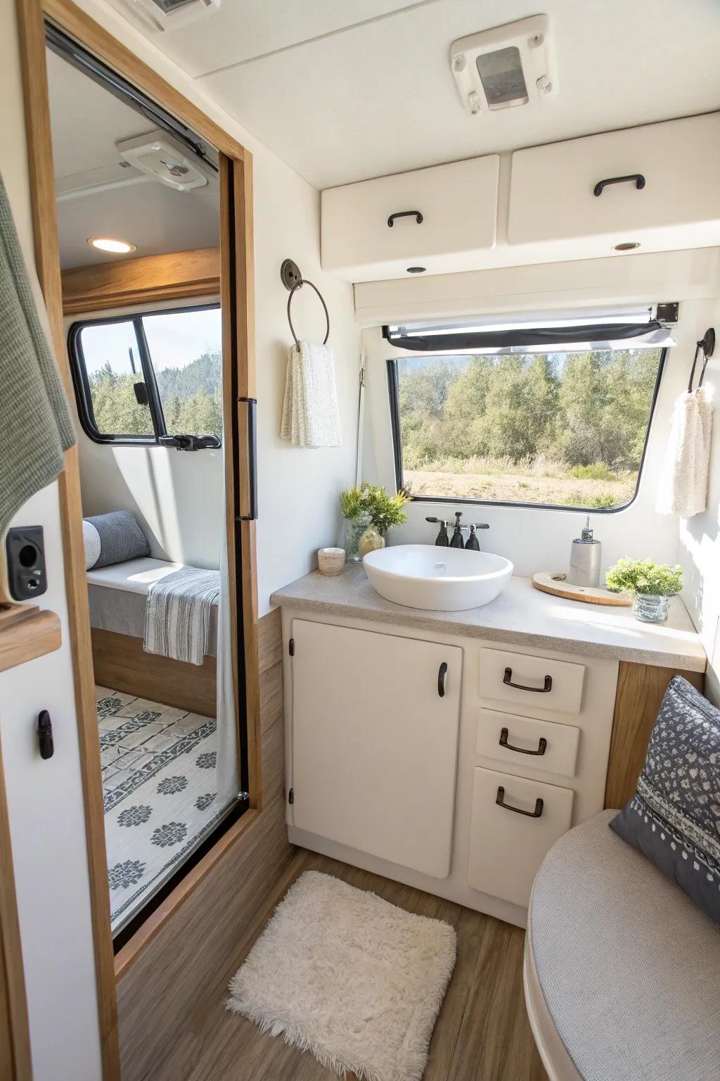 Amplify space with an elegant, wall-attached vanity in your RV bathroom.