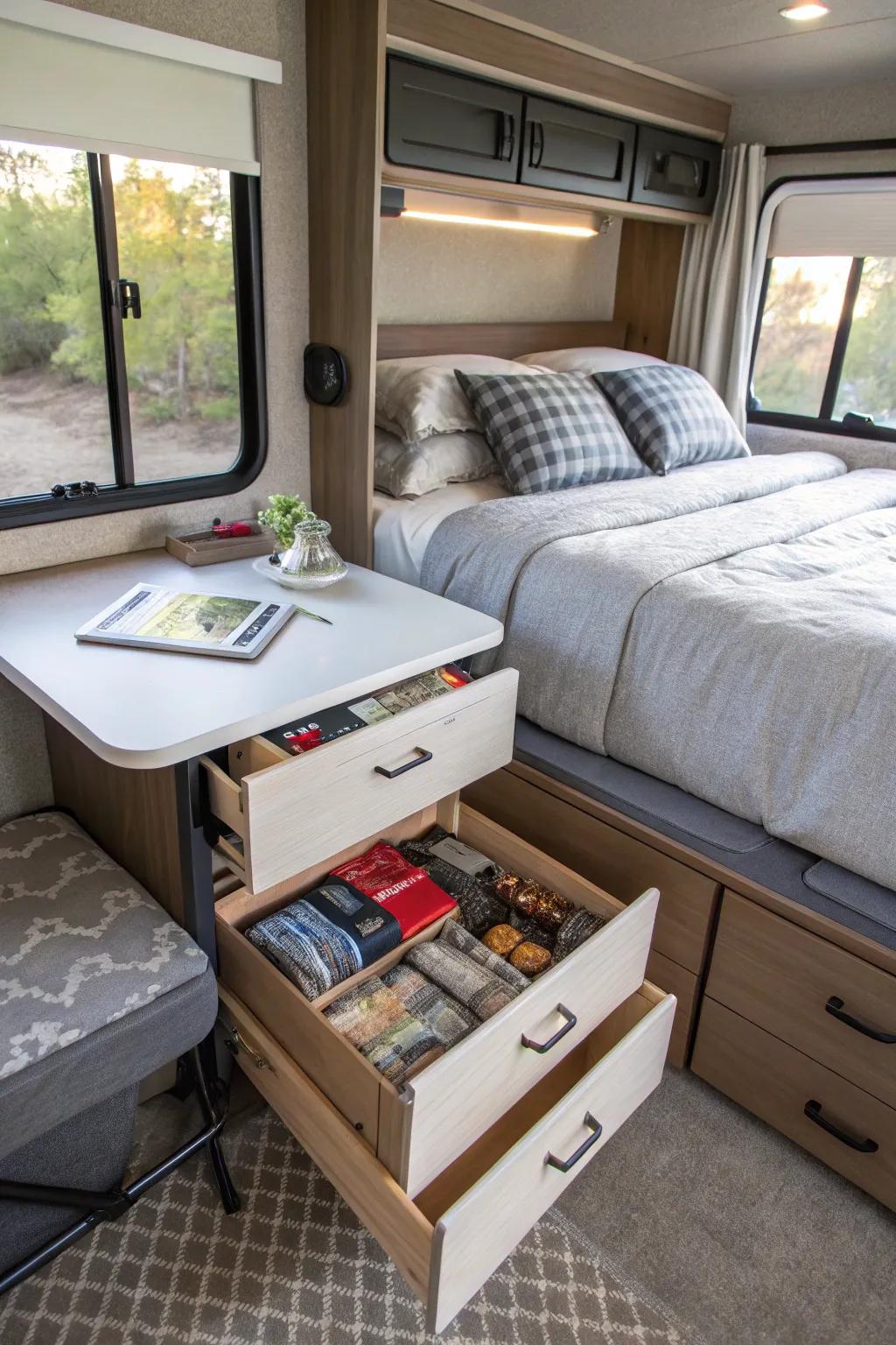 Maximize your RV living area using multifunctional furniture, offering both storage and flexibility.
