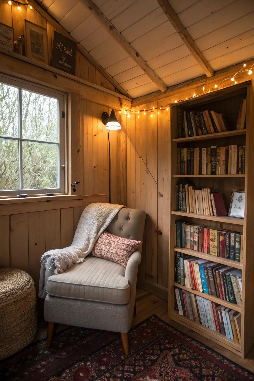 A charming reading corner nestled inside a compact shed, the perfect sanctuary for book enthusiasts.