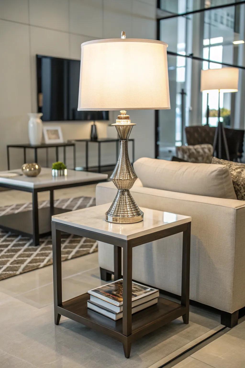 A small side table is emphasized by an elegant light fixture.