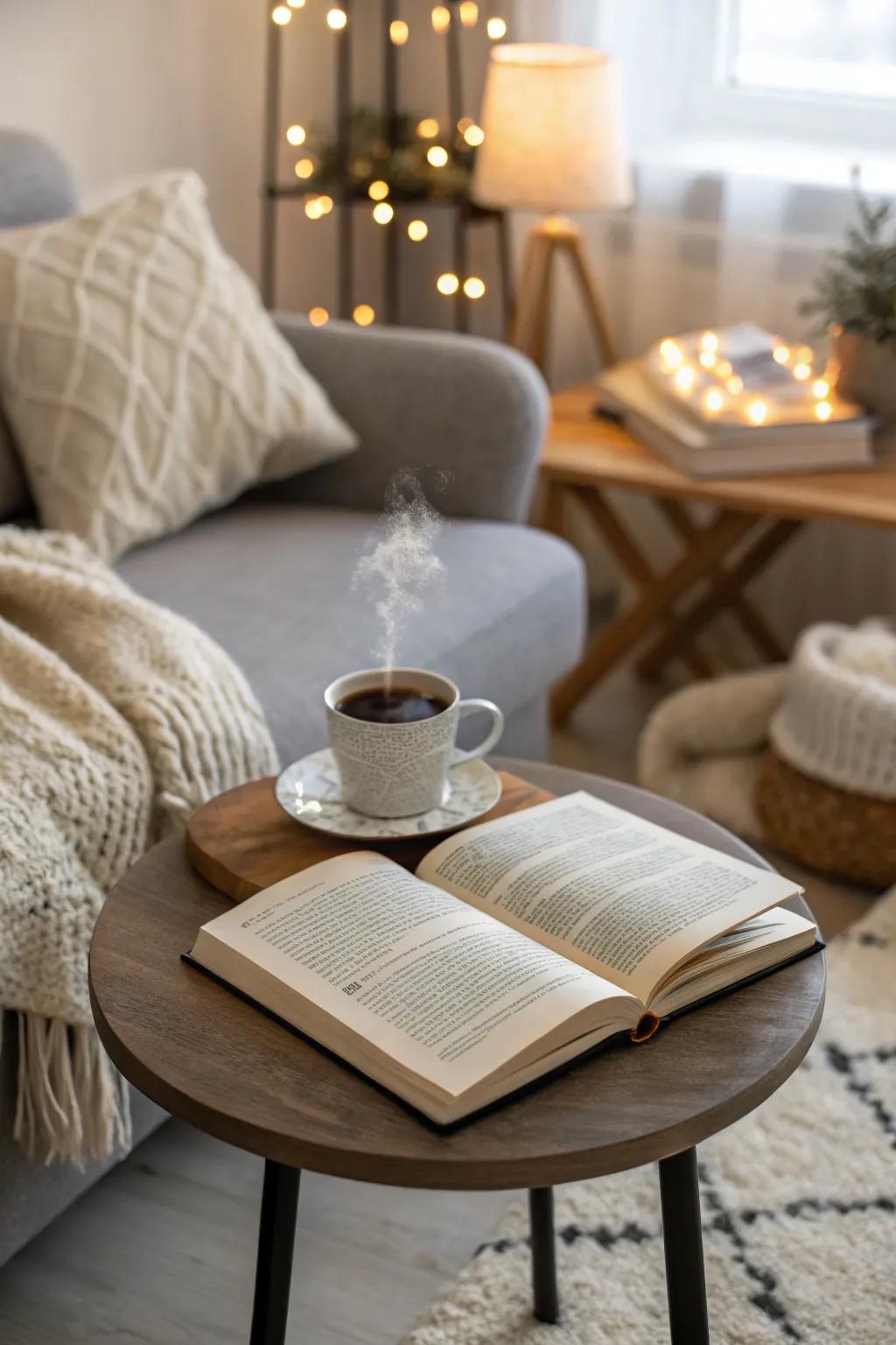 A space-saving corner table transforms a small nook into a functional area.