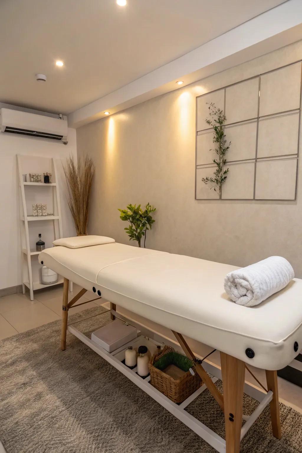 A minimalist design with sleek furnishings helps maintain an open feel in your massage space.