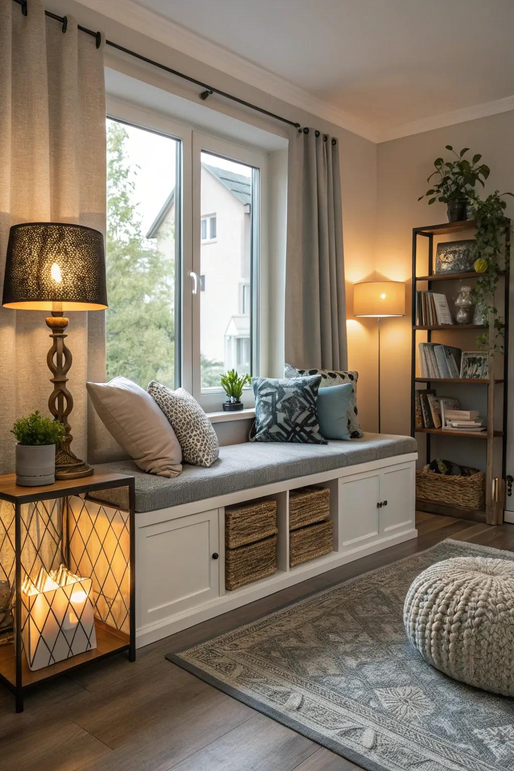 A chic bench with hidden storage in a modern living area.