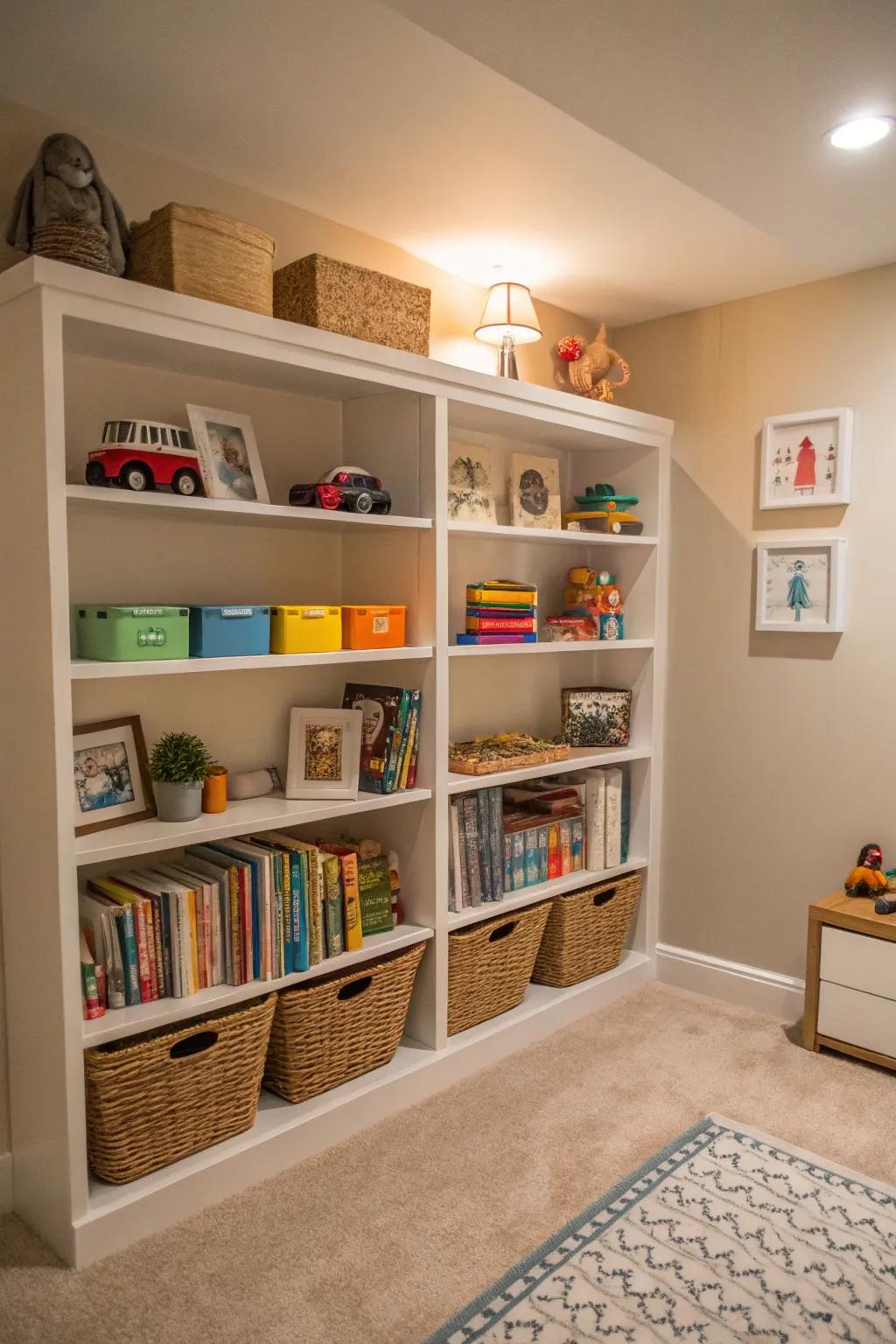 Creative utilization of wall shelves for storing toys in a compact setting.