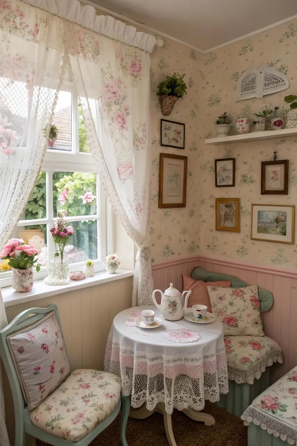 Cottage-inspired decor provides coziness and allure to your tea room.