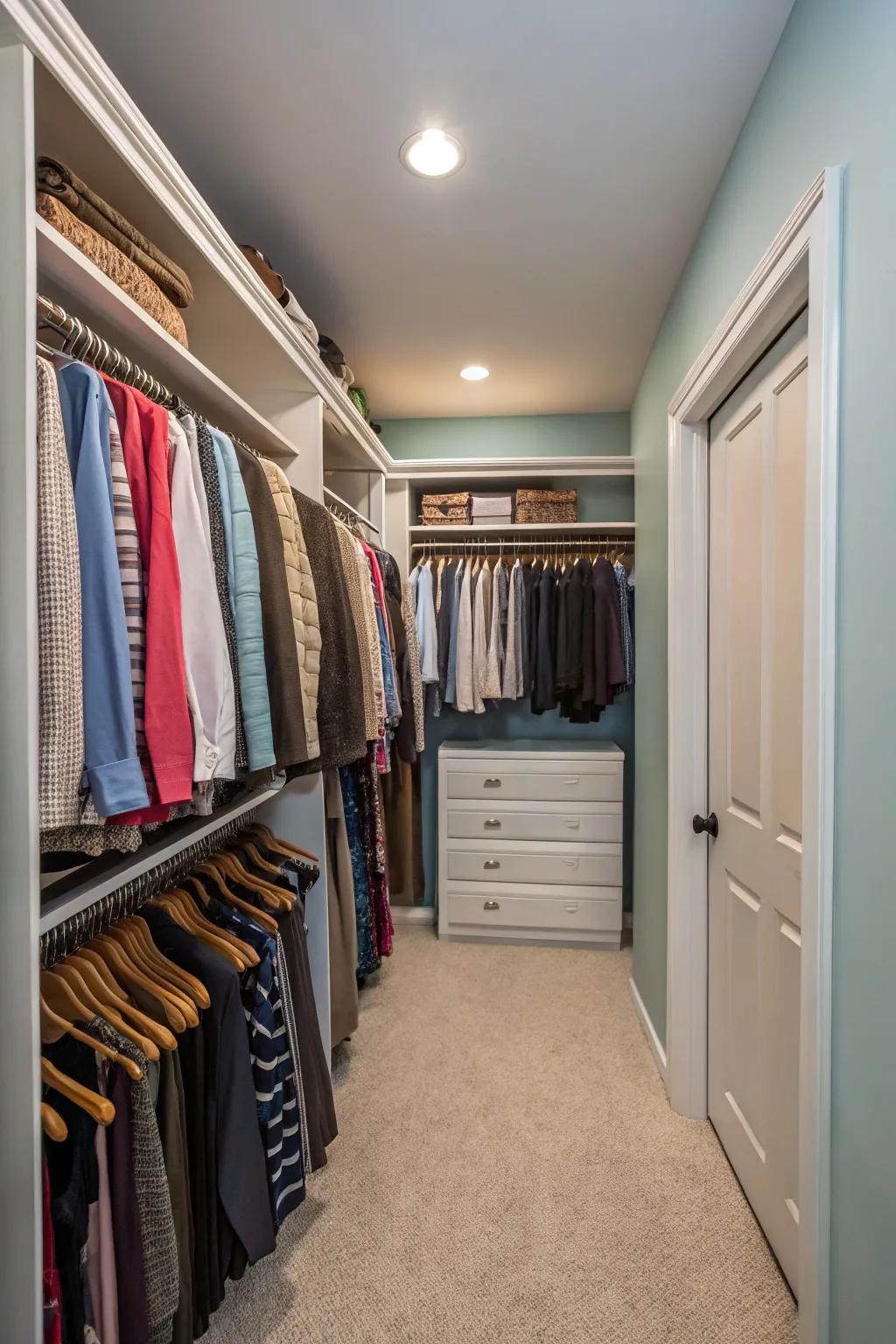 Tiered garment bars capitalize on vertical space in a compact closet.