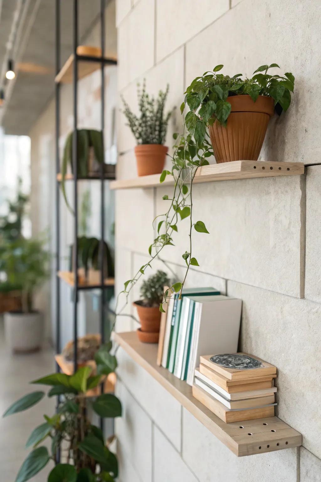 Elegantly styled minimalist shelves showcasing plants and books.