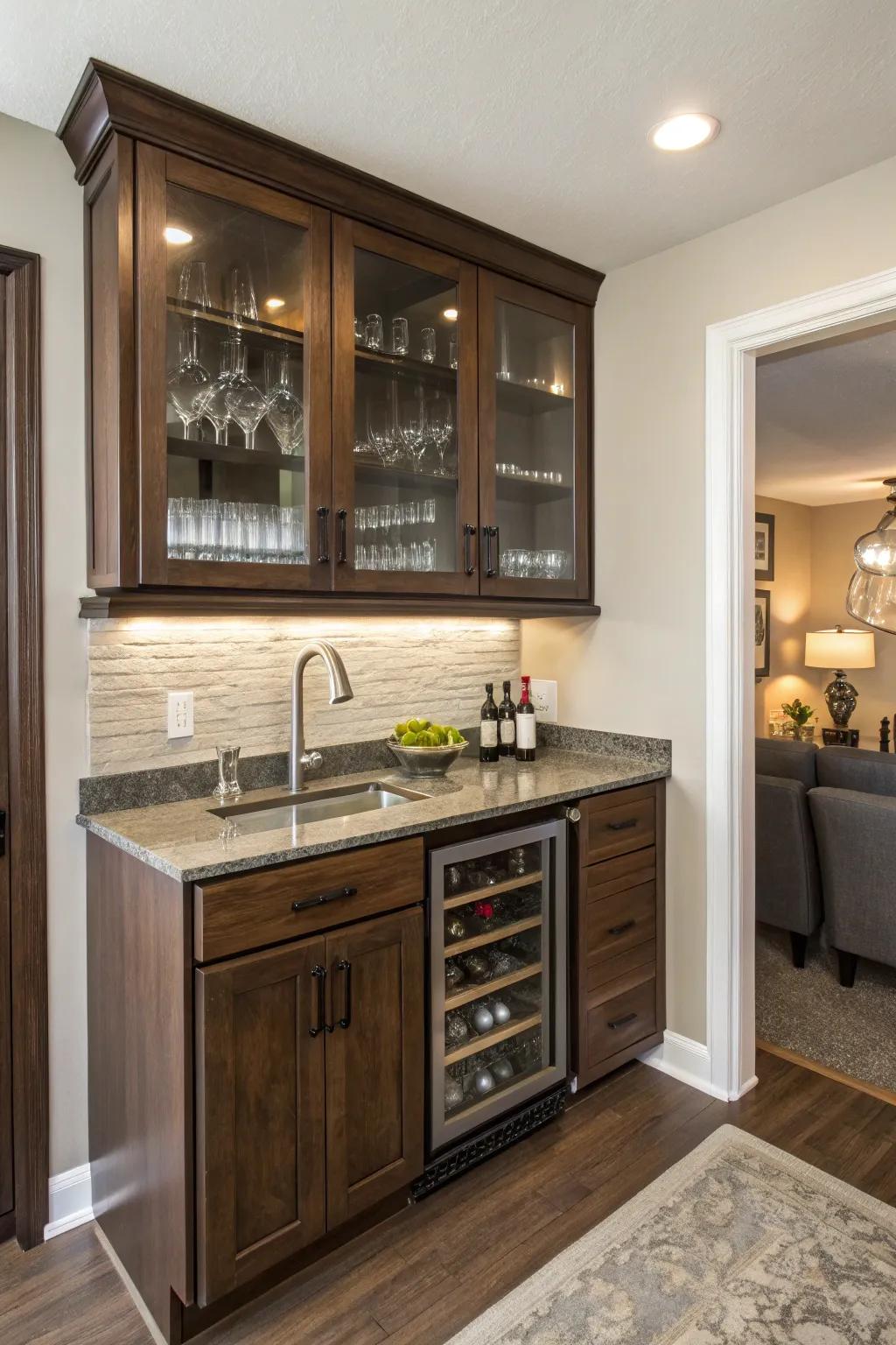 Space-saving cabinets integrated into a small wet bar designed for efficient storage.