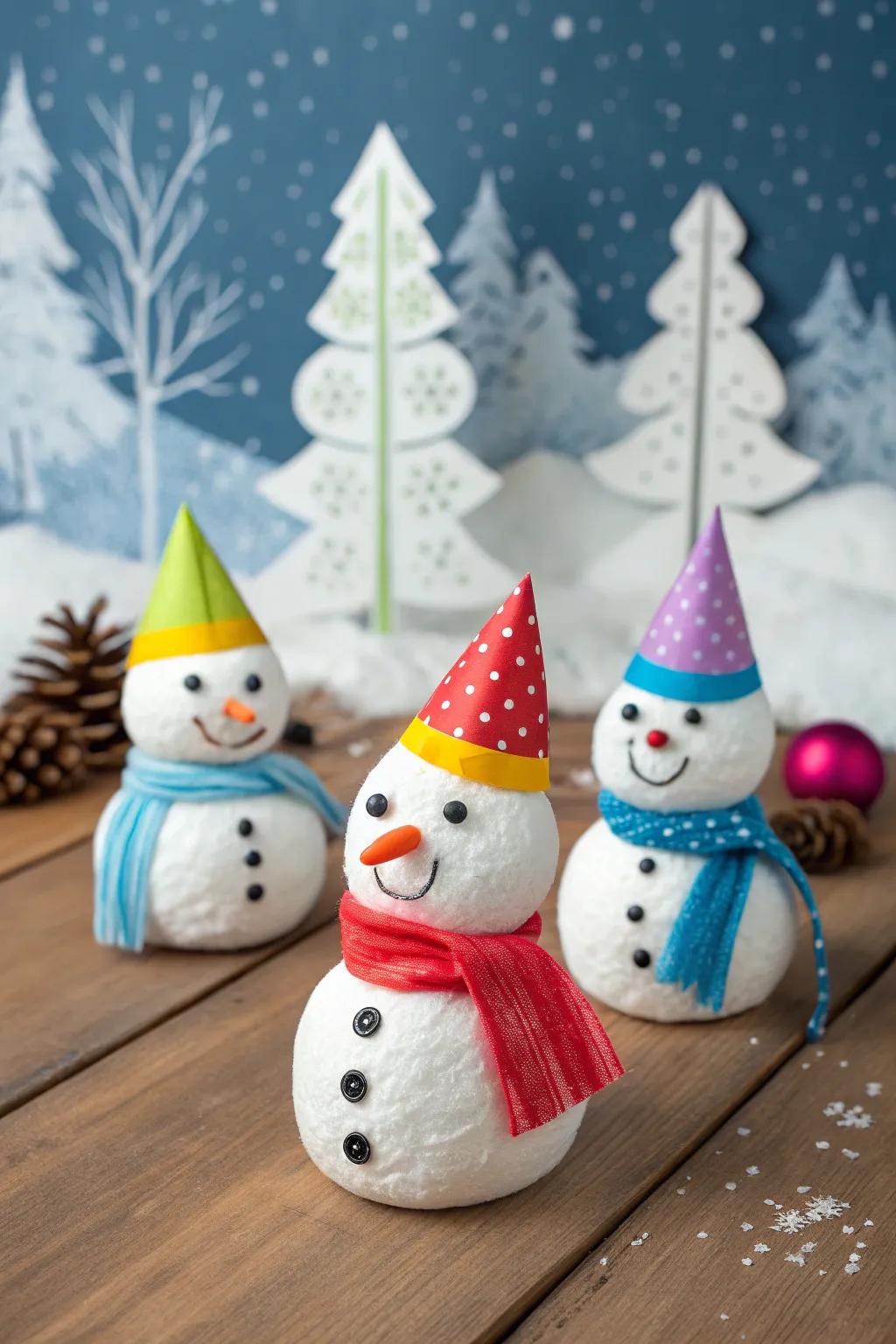 Charming cotton batting snowmen poised for display.