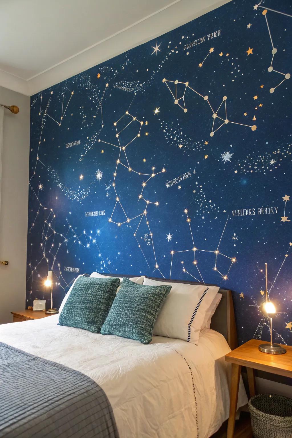 A starry night mural creates a celestial atmosphere, ideal for inspiring dreams.