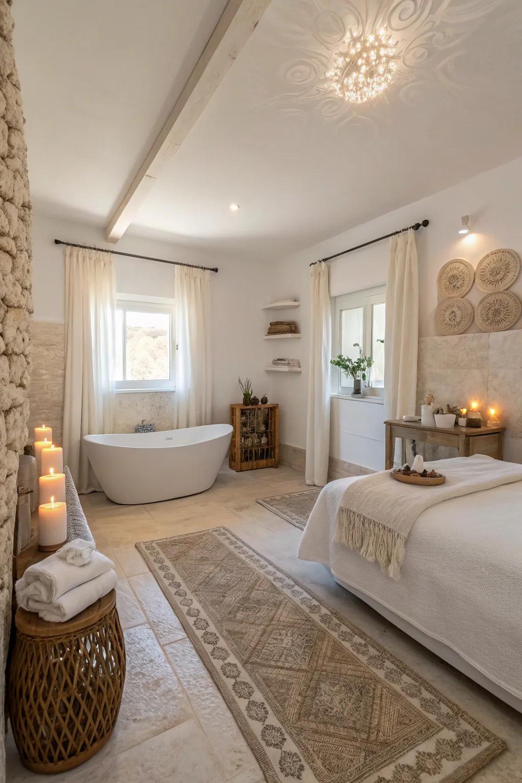 Gentle colors contribute to a tranquil and soothing spa-like ambiance.