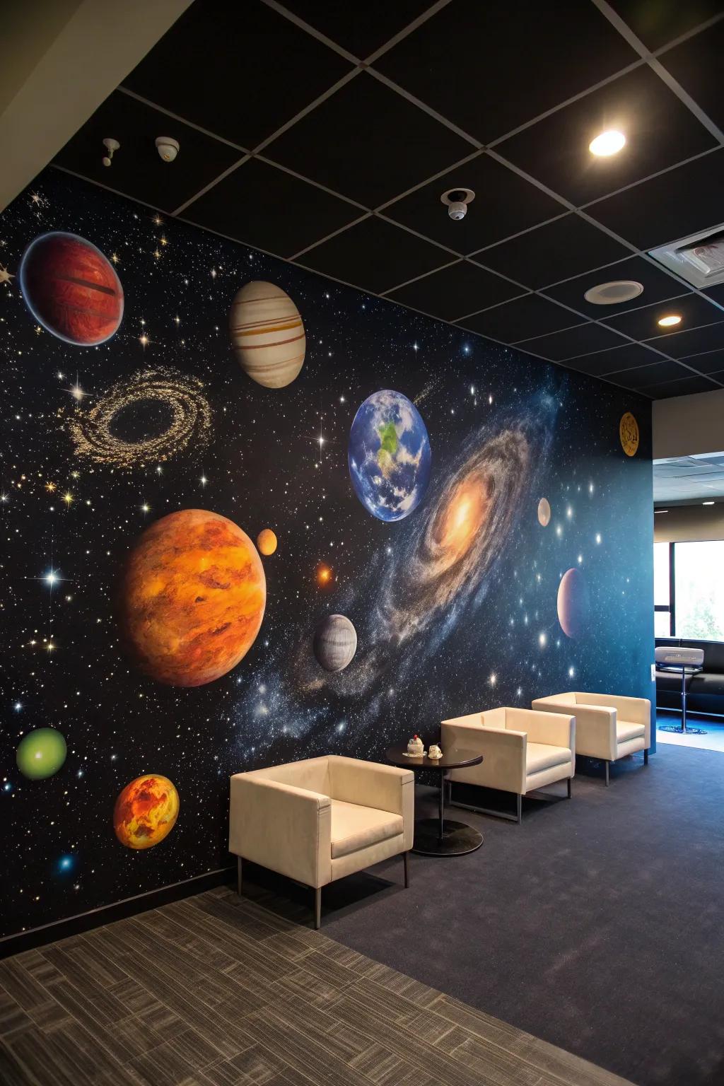 A cosmic mural creates an engaging, out-of-this-world sensation.