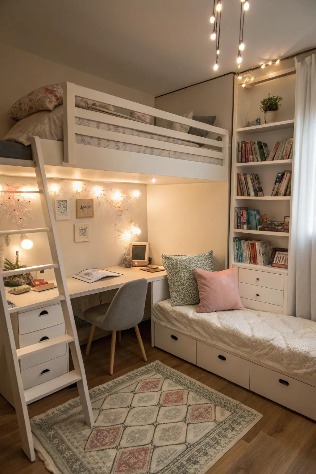 Maximize space with a loft bed that offers room for work and relaxation.