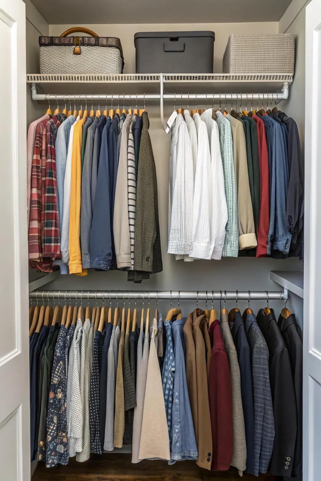 Double rods effectively use vertical space, multiplying your hanging capability.