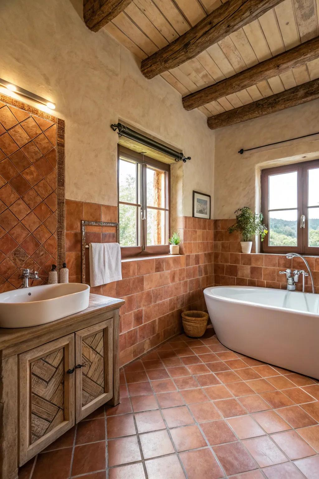 Warm terracotta tones create a cozy base for a beautiful Spanish-style bathroom.