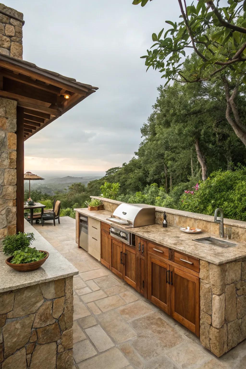 An attractive outdoor cooking area showcasing earthy rock and timber features, nestled within lush greenery.
