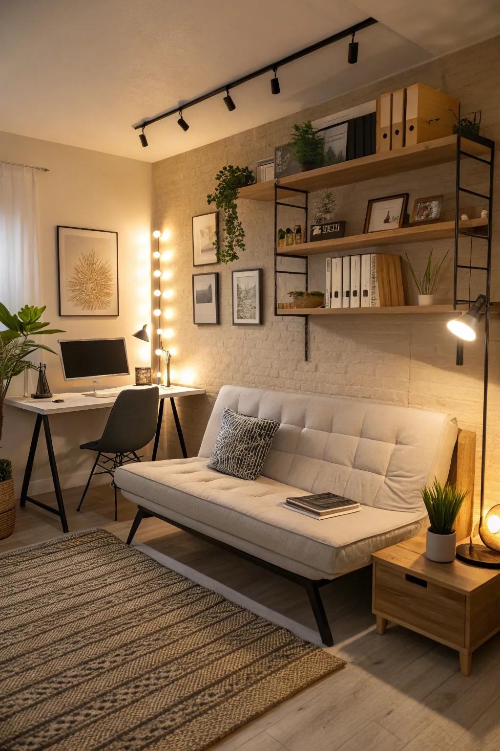 A streamlined convertible couch effortlessly merges office and guest space.