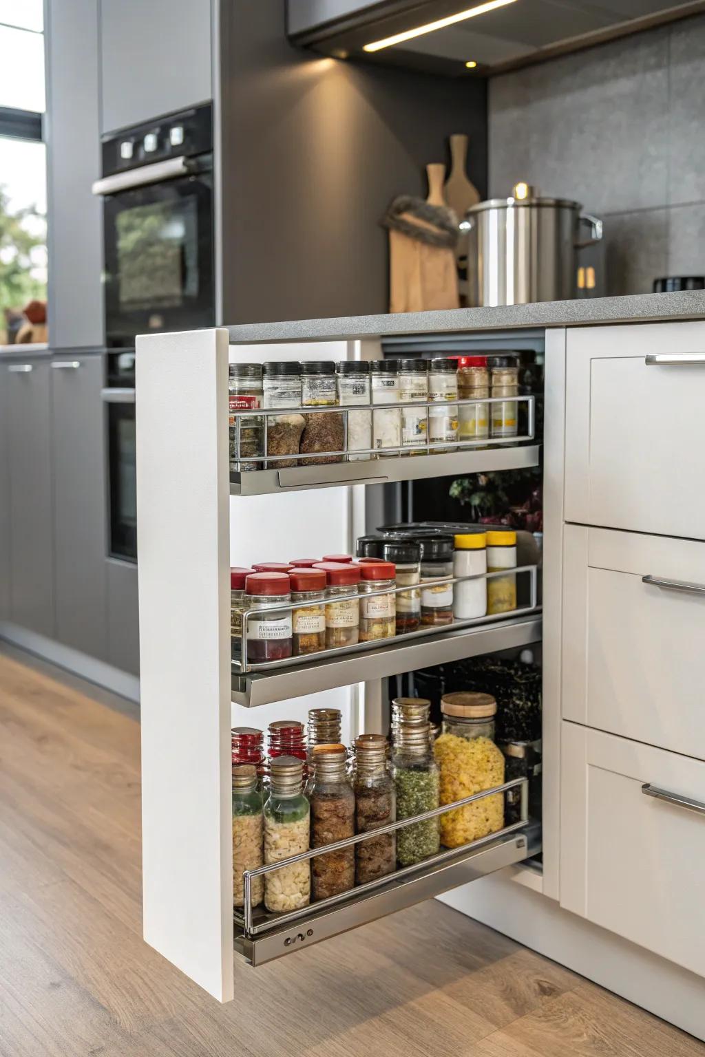 A pull-out spice organizer makes spices easily accessible inside a kitchen cabinet.