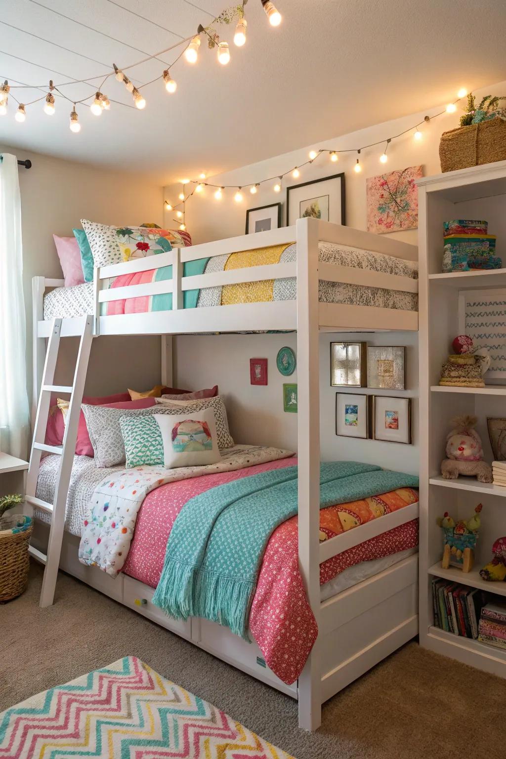 Comfortable bedroom featuring space-efficient double decker sleepers and vibrant decorations.