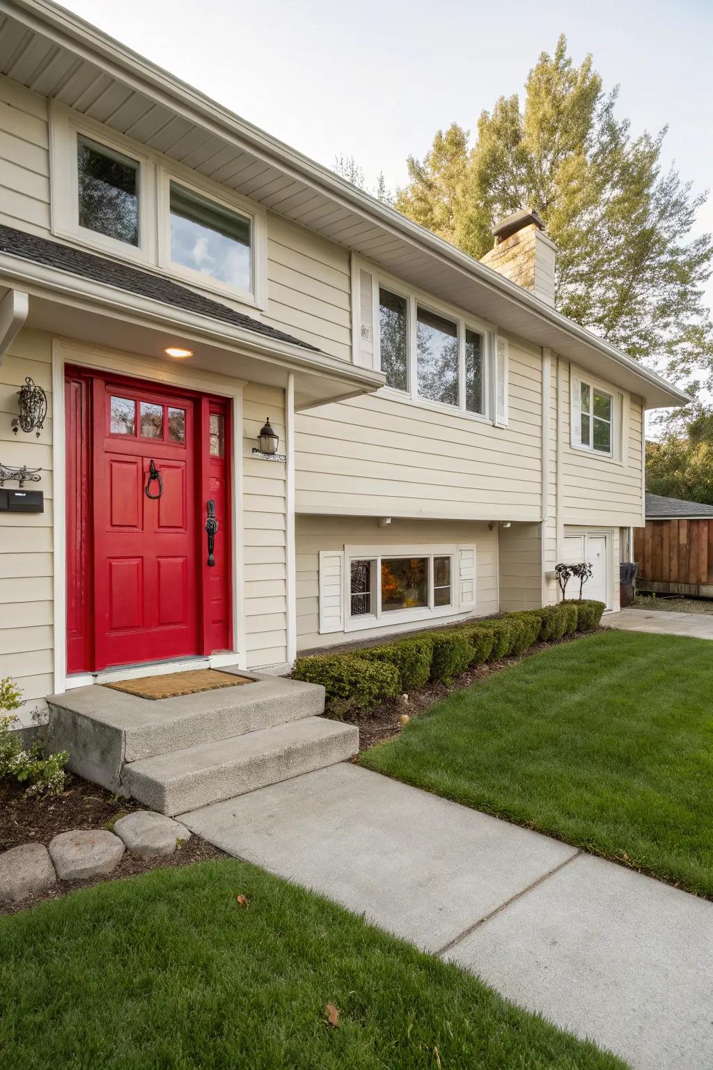 A striking red front door provides a standout focal point for this split-level home.