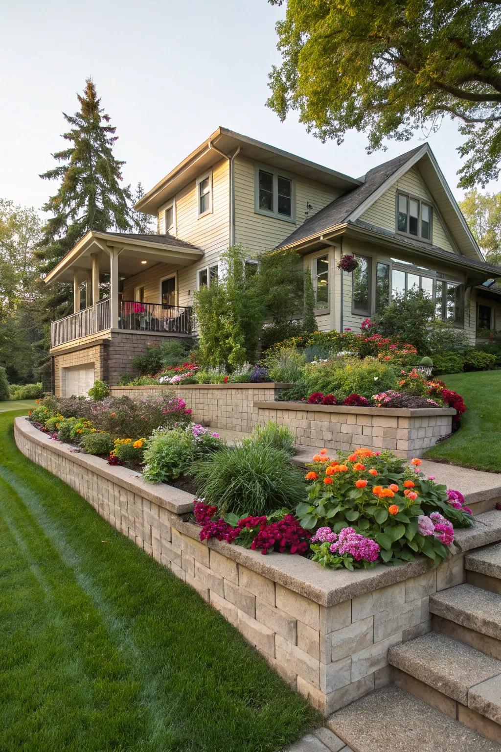 Tiered flower beds add dimension and beauty to your split-level home.