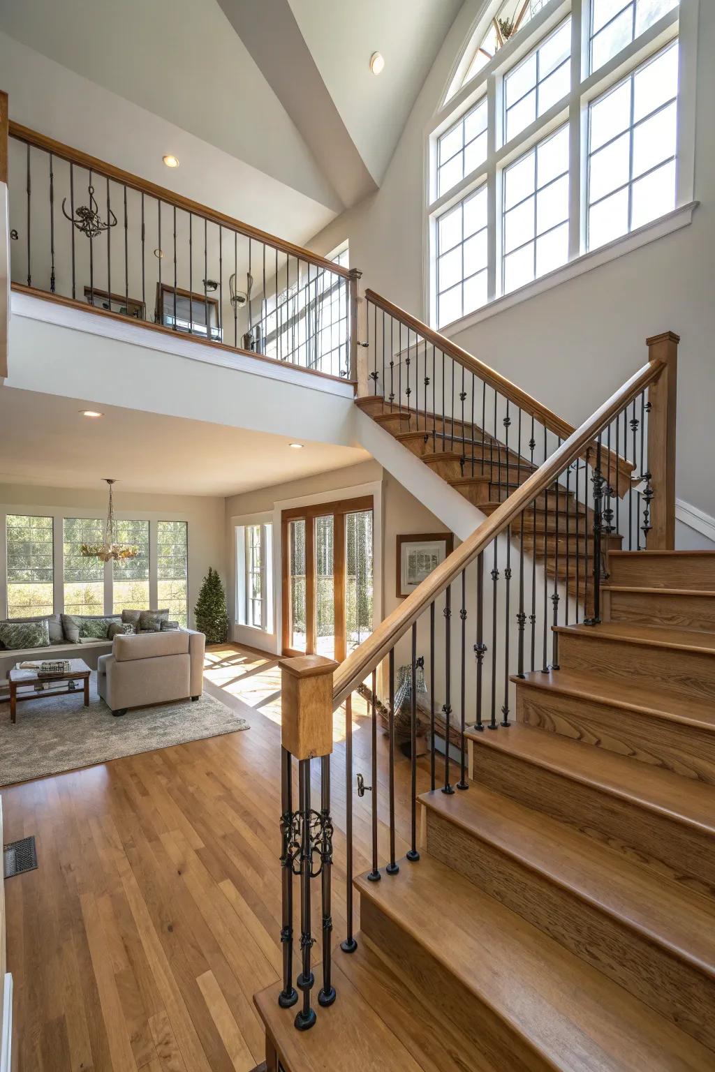 A traditional wood and metal railing design showcased in a split-level residence.