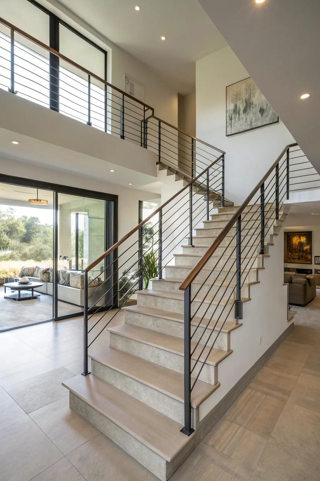 A minimalist staircase that transforms space with sleek metal railings.