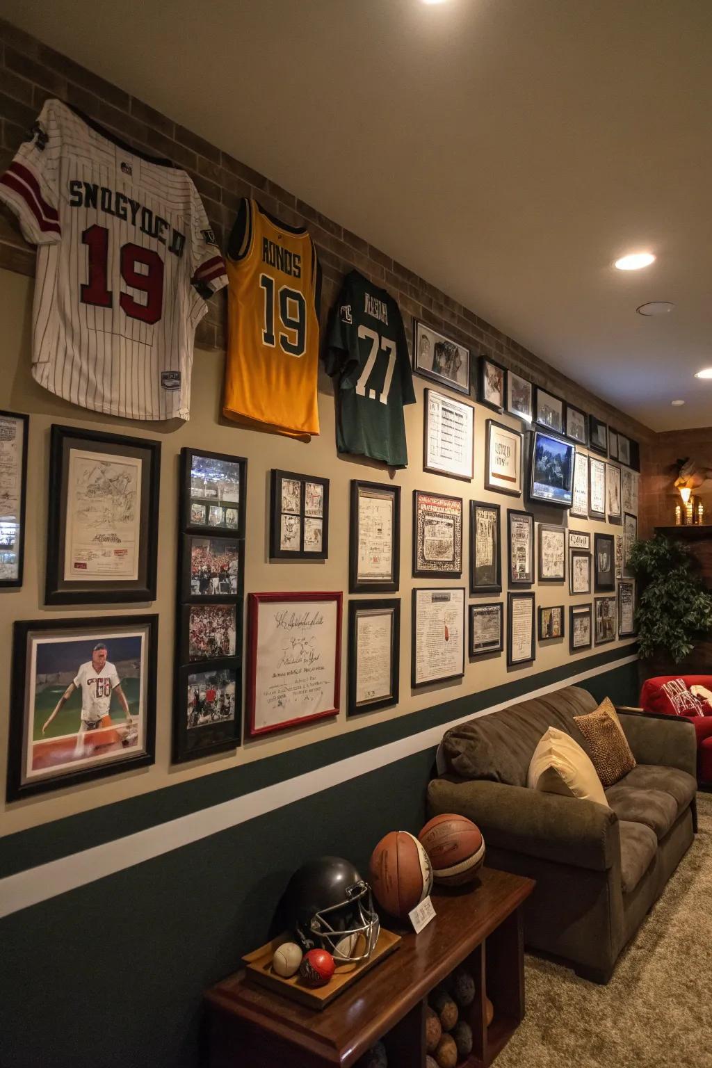 Showcasing a collection of sports memorabilia in a man cave.