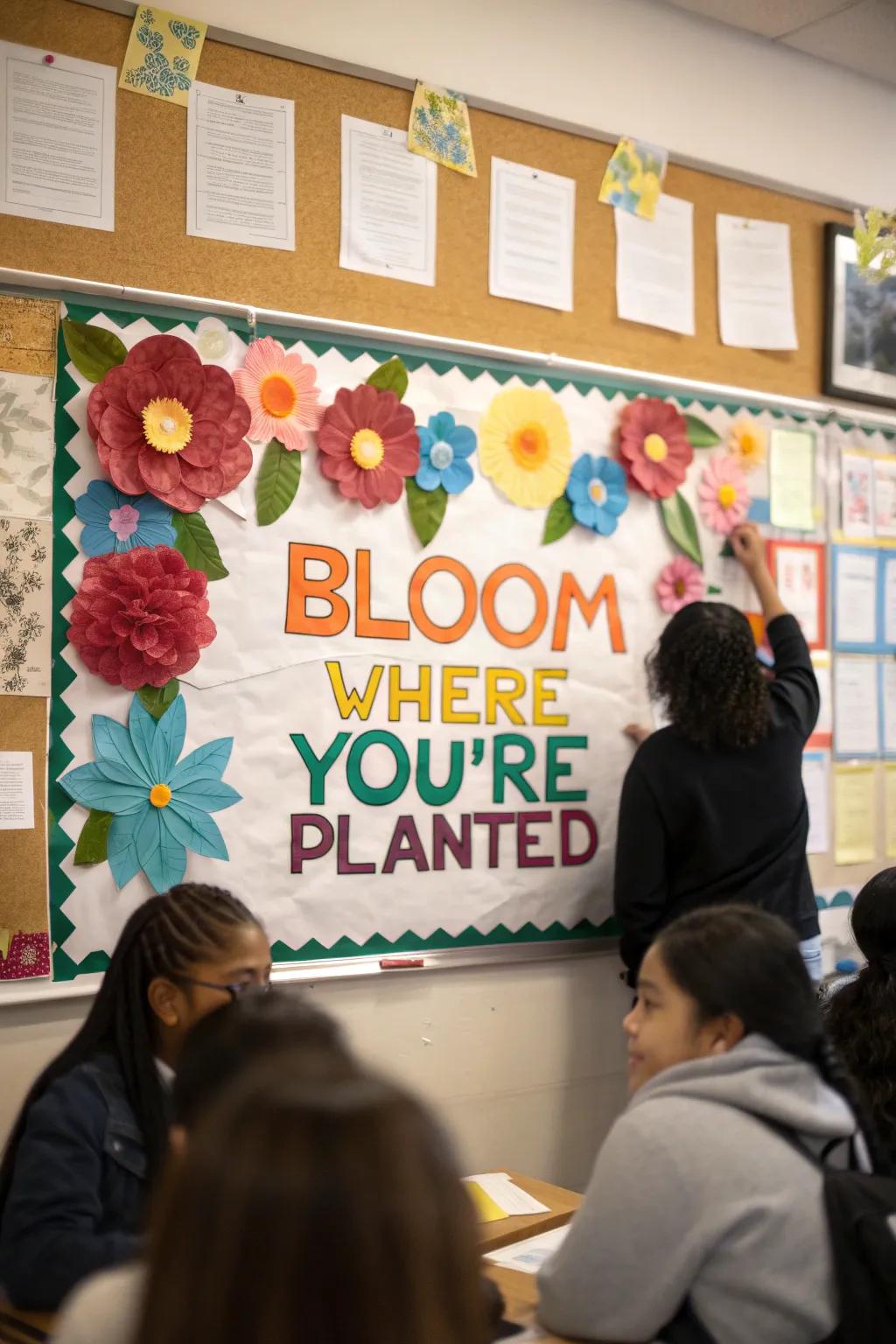 A vibrant notice board adorned with colorful paper flowers and an inspirational message promoting growth and opportunity.