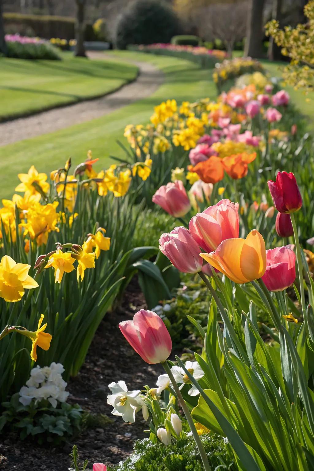 A colorful flower bed including tulips and daffodils adds a joyful touch to any garden.