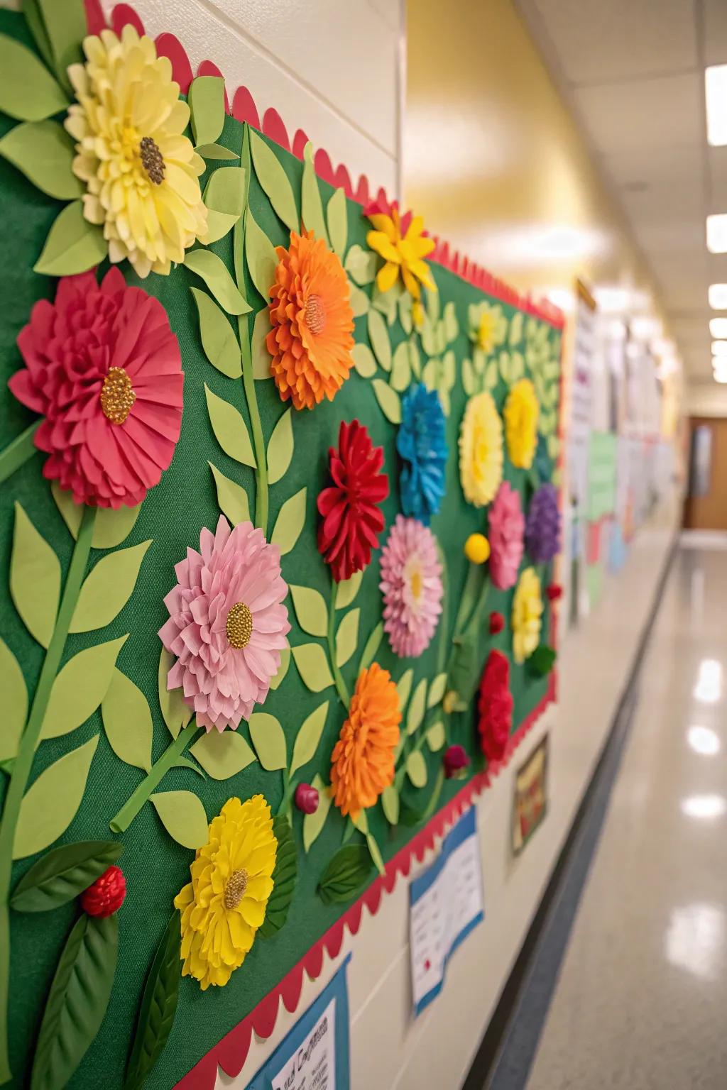 A bulletin board blooming like a vibrant spring garden.