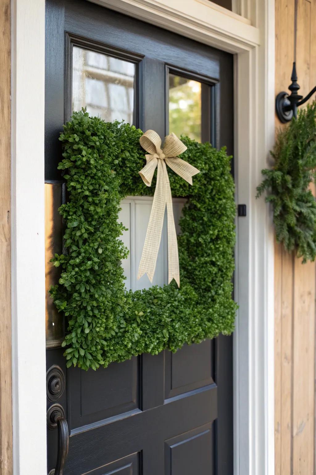 A classic boxwood square wreath adds a welcoming touch to any entrance.