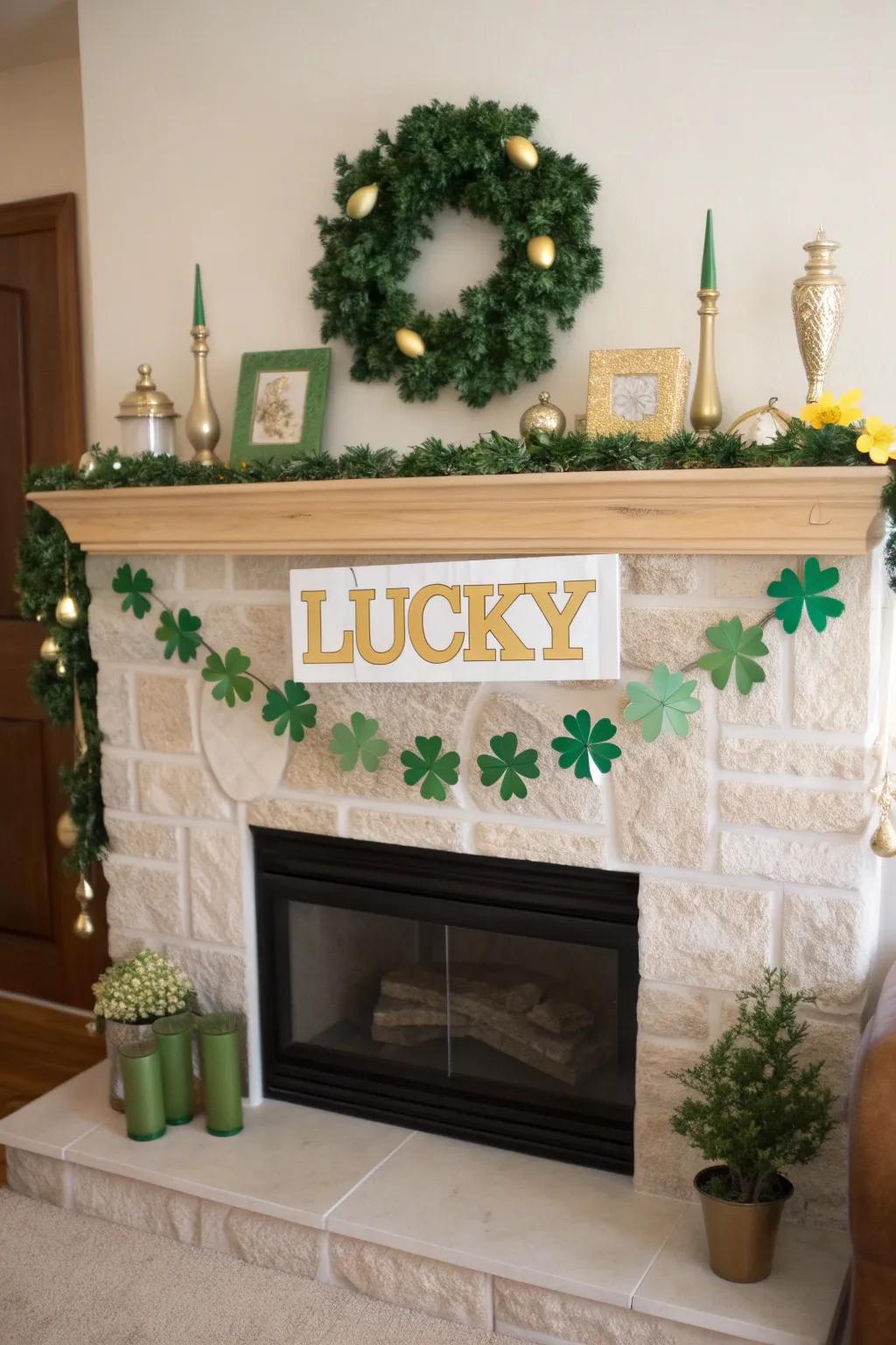 Elevate your mantel with a festive garland and shimmering gold accents.