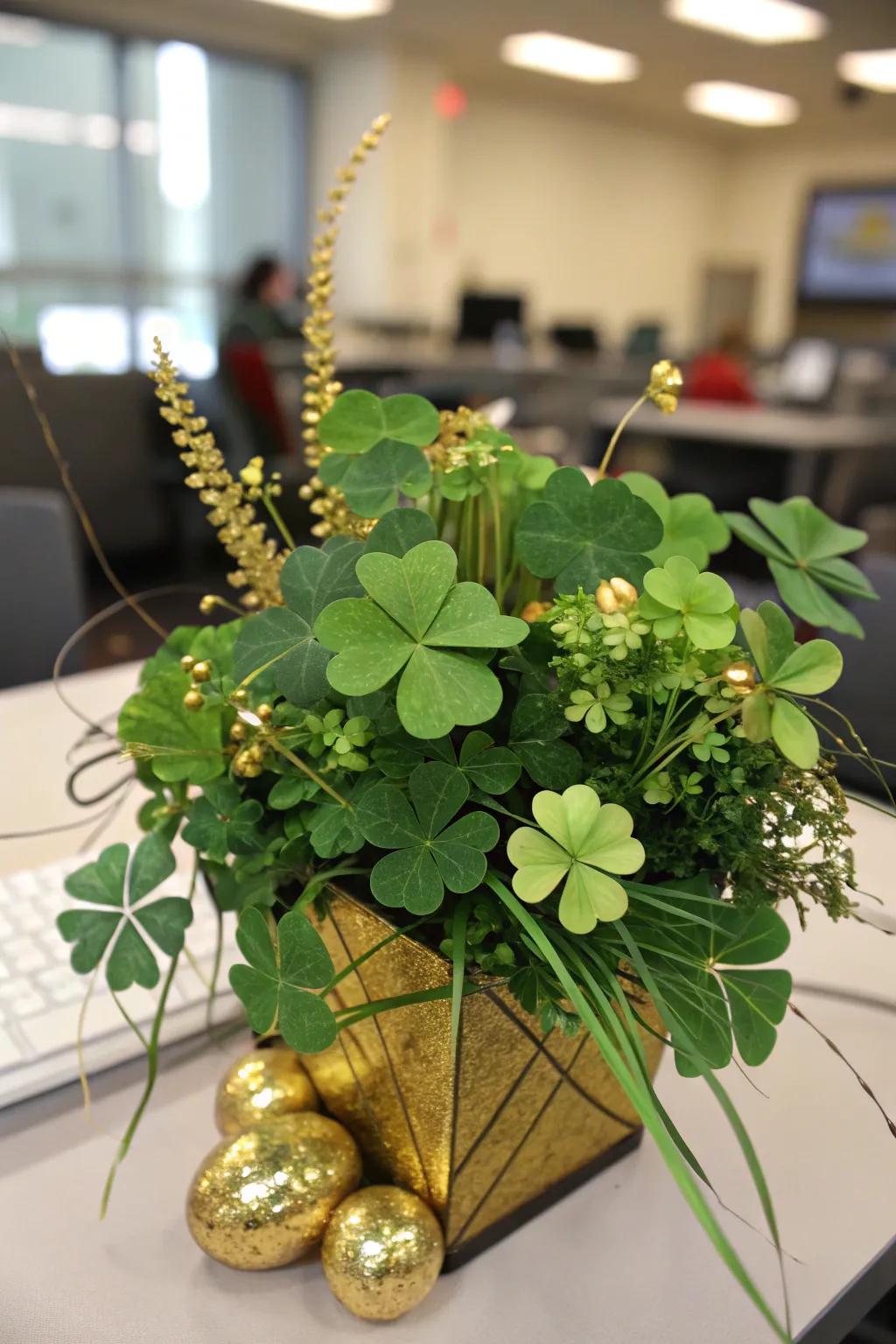 A stunning clover arrangement introduces festive warmth to the office.