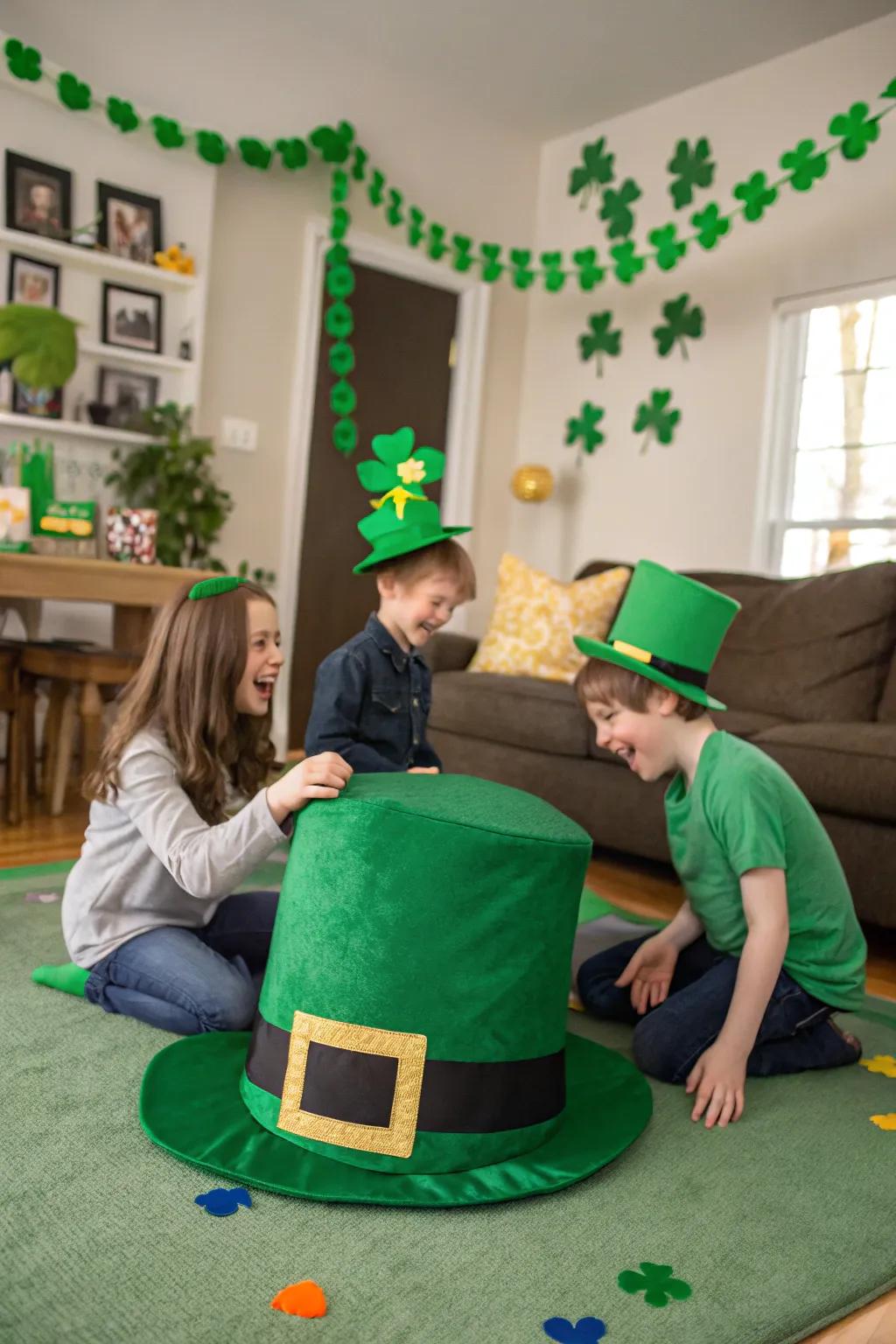Children chuckling with a jumbo elf topper in a jolly room.