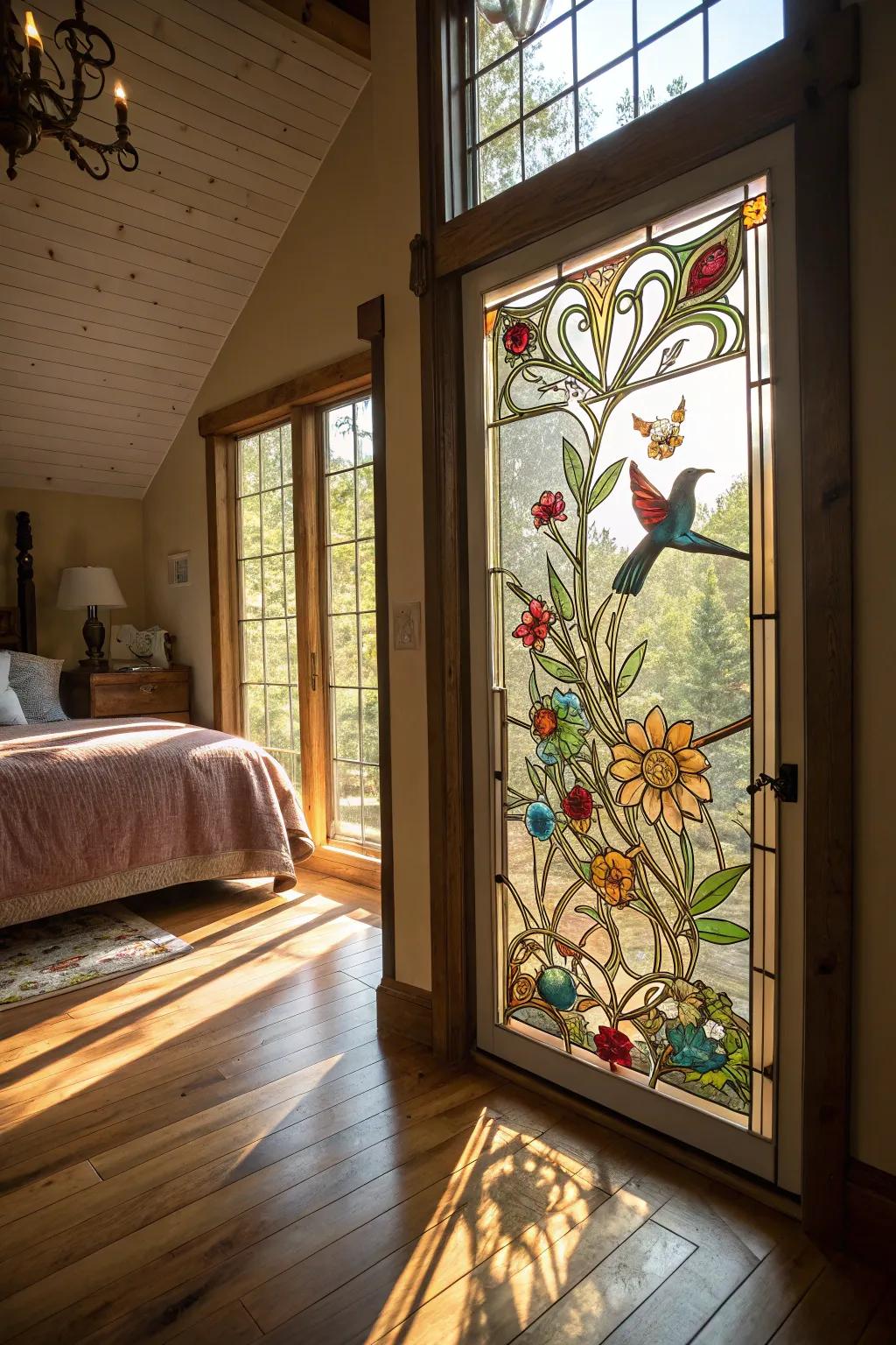 Stained glass inspired by nature infuses the bedroom with outdoor vibrancy.